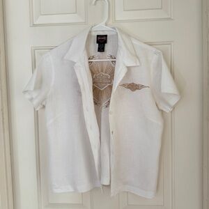 Vintage Harley Davidson White Linen Short Sleeve Embroidered Button Down Top